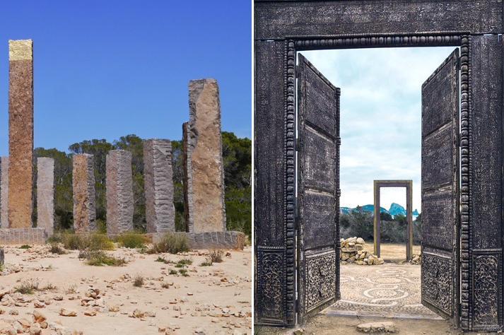 Detalle de las dos obras escultóricas construidas junto a cala Llentia rutas en coche por Ibiza